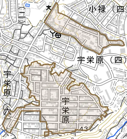 字宇栄原とその周辺の地図。町の範囲を重ねている