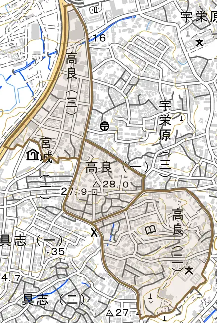 高良とその周辺の地図。町の範囲を重ねている