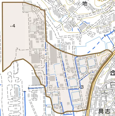 字宮城とその周辺の地図。町の範囲を重ねている