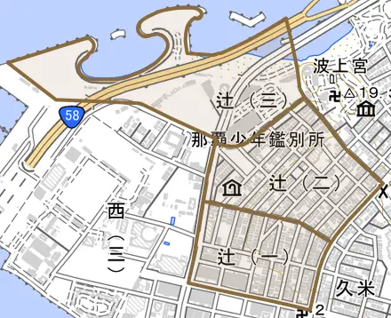 辻とその周辺の地図。町の範囲を重ねている