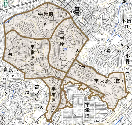宇栄原とその周辺の地図。町の範囲を重ねている