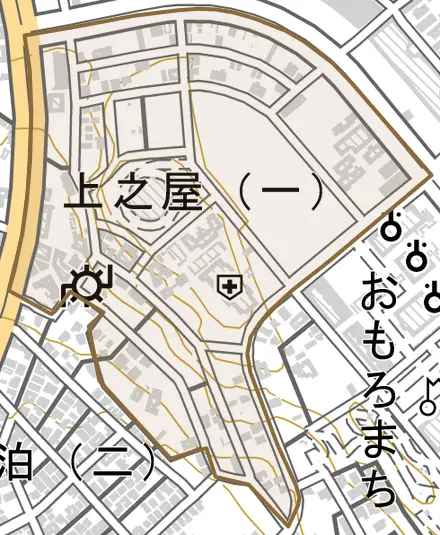 上之屋とその周辺の地図。町の範囲を重ねている