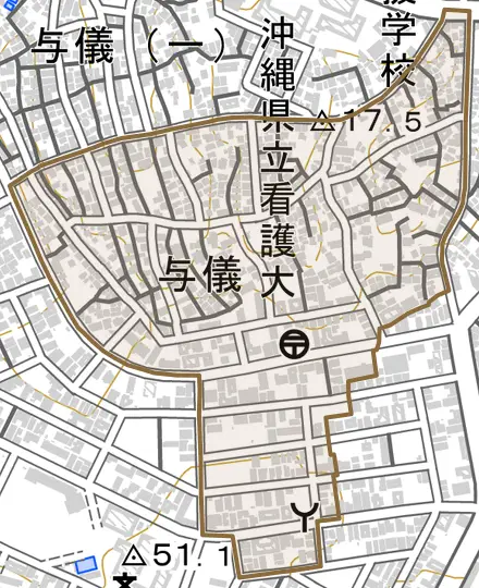 字与儀とその周辺の地図。町の範囲を重ねている