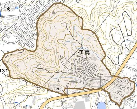 字伊集とその周辺の地図。町の範囲を重ねている