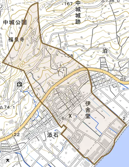 字伊舎堂とその周辺の地図。町の範囲を重ねている