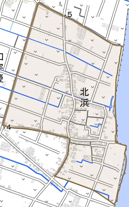 字北浜とその周辺の地図。町の範囲を重ねている