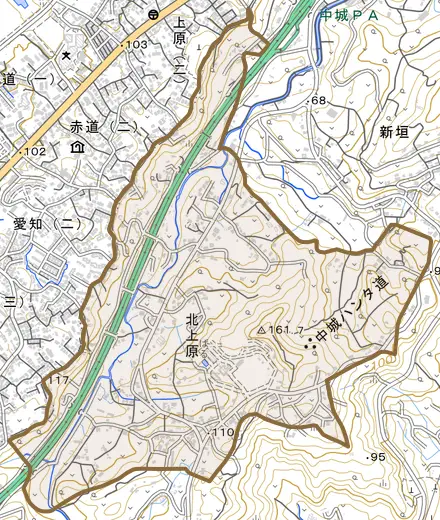 字北上原とその周辺の地図。町の範囲を重ねている