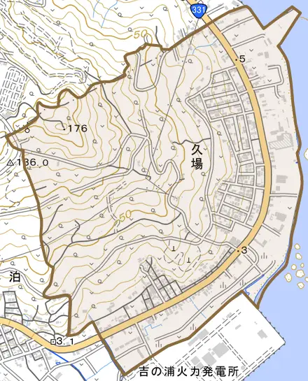 字久場とその周辺の地図。町の範囲を重ねている