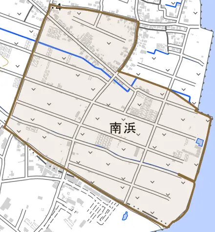 字南浜とその周辺の地図。町の範囲を重ねている