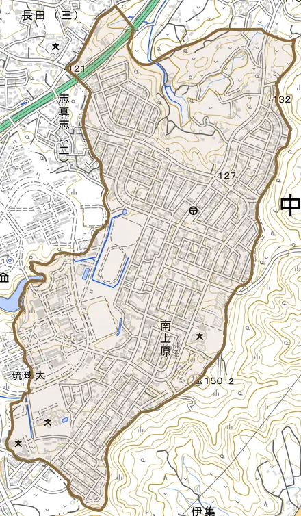 字南上原とその周辺の地図。町の範囲を重ねている