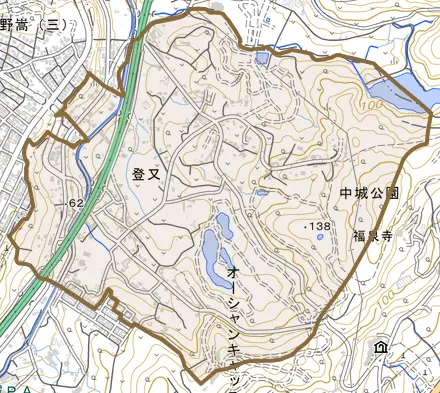 字登又とその周辺の地図。町の範囲を重ねている
