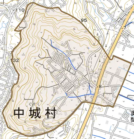 字奥間とその周辺の地図。町の範囲を重ねている