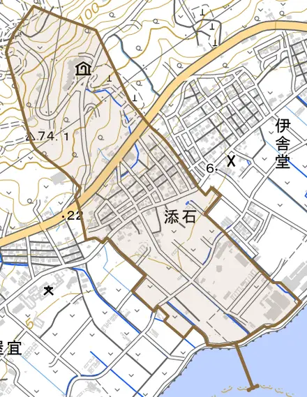 字添石とその周辺の地図。町の範囲を重ねている
