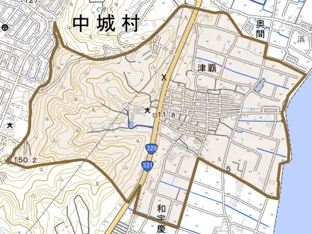 字津覇とその周辺の地図。町の範囲を重ねている