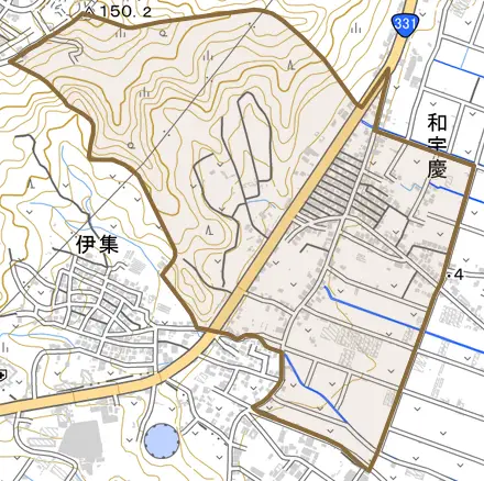 字和宇慶とその周辺の地図。町の範囲を重ねている
