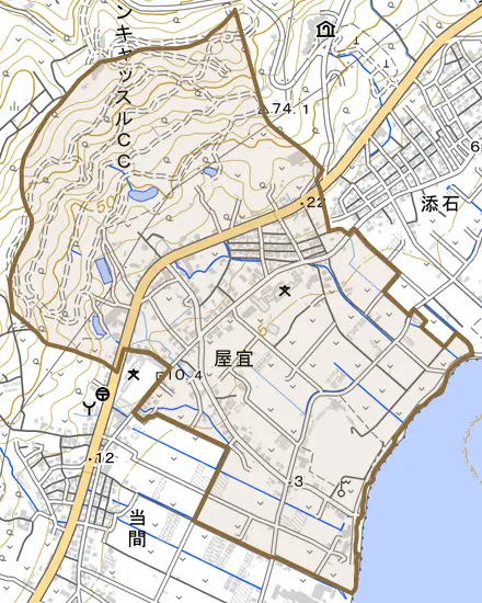 字屋宜とその周辺の地図。町の範囲を重ねている