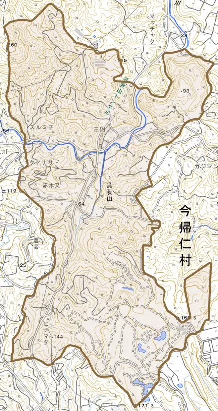 字呉我山とその周辺の地図。町の範囲を重ねている