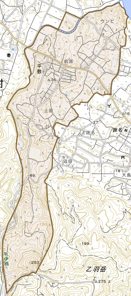 字平敷とその周辺の地図。町の範囲を重ねている