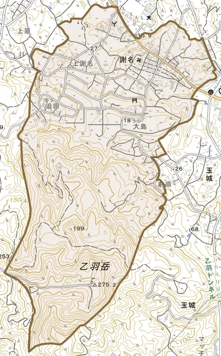 字謝名とその周辺の地図。町の範囲を重ねている