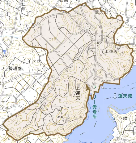 字上運天とその周辺の地図。町の範囲を重ねている