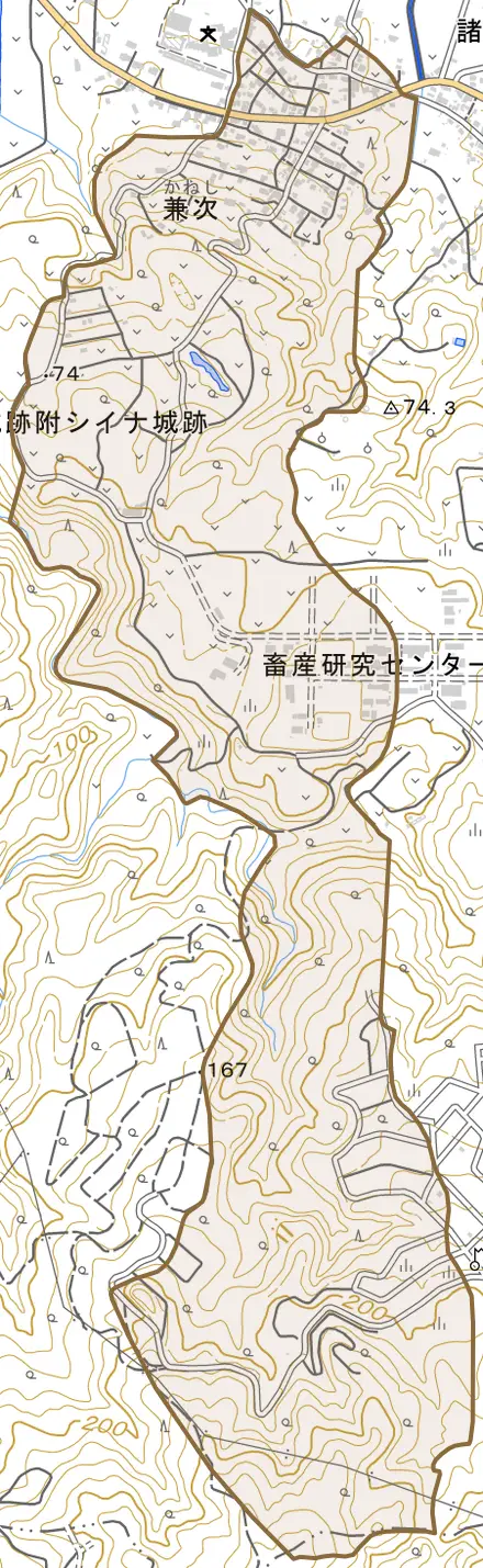 字兼次とその周辺の地図。町の範囲を重ねている