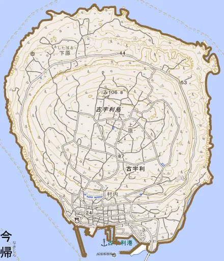 字古宇利とその周辺の地図。町の範囲を重ねている