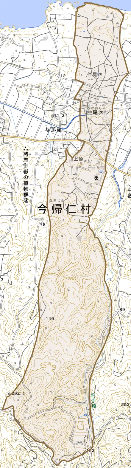 字仲尾次とその周辺の地図。町の範囲を重ねている