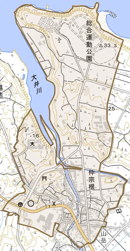 字仲宗根とその周辺の地図。町の範囲を重ねている