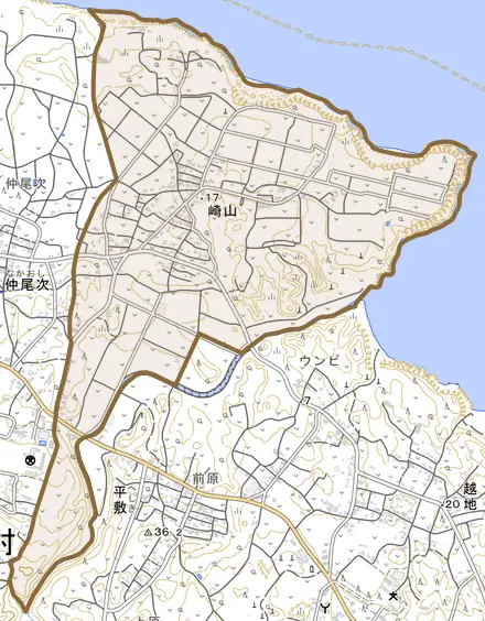 字崎山とその周辺の地図。町の範囲を重ねている
