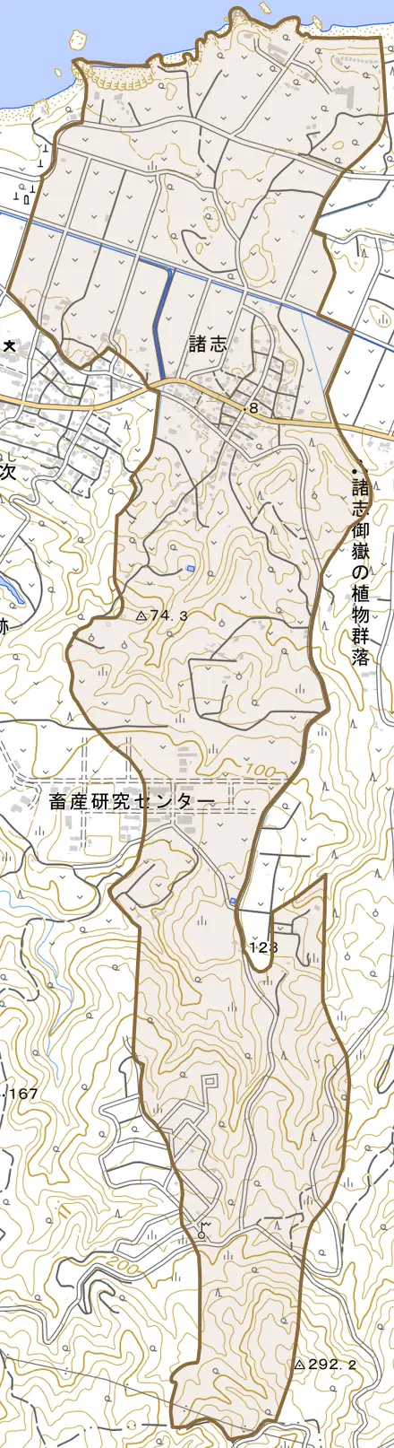 字諸志とその周辺の地図。町の範囲を重ねている