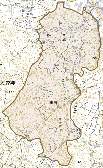 字玉城とその周辺の地図。町の範囲を重ねている