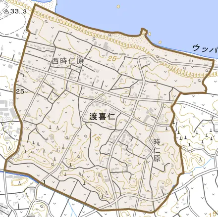 字渡喜仁とその周辺の地図。町の範囲を重ねている