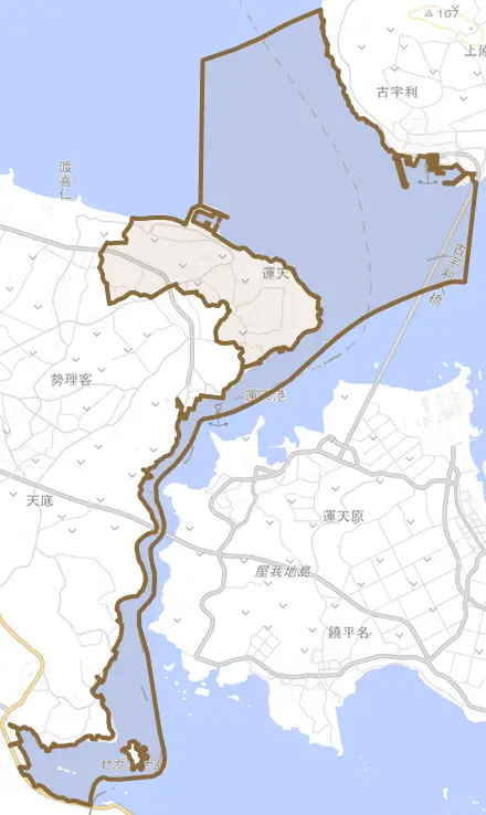 字運天とその周辺の地図。町の範囲を重ねている