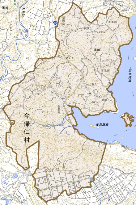字湧川とその周辺の地図。町の範囲を重ねている