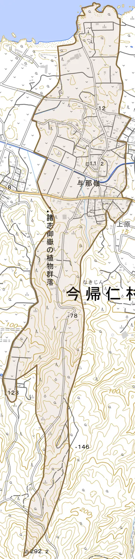 字与那嶺とその周辺の地図。町の範囲を重ねている