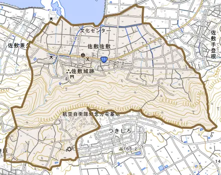 佐敷とその周辺の地図。町の範囲を重ねている