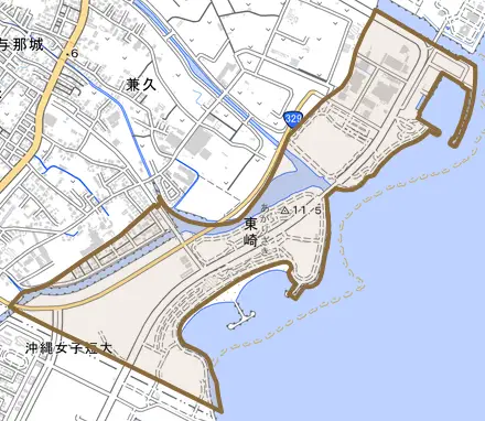 字東崎とその周辺の地図。町の範囲を重ねている