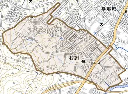 字我謝とその周辺の地図。町の範囲を重ねている