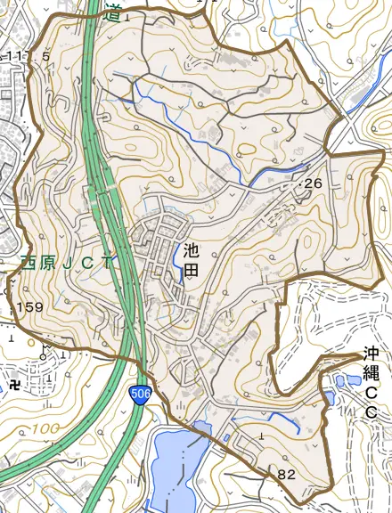 字池田とその周辺の地図。町の範囲を重ねている