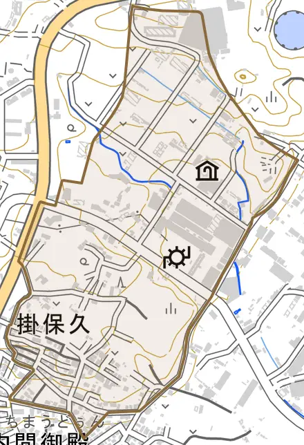 字掛保久とその周辺の地図。町の範囲を重ねている