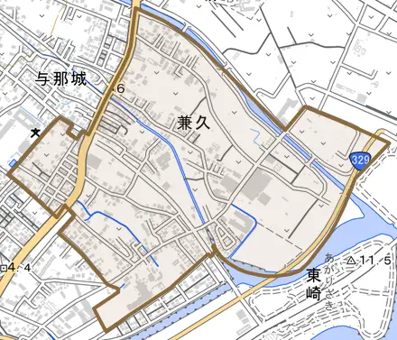 字兼久とその周辺の地図。町の範囲を重ねている
