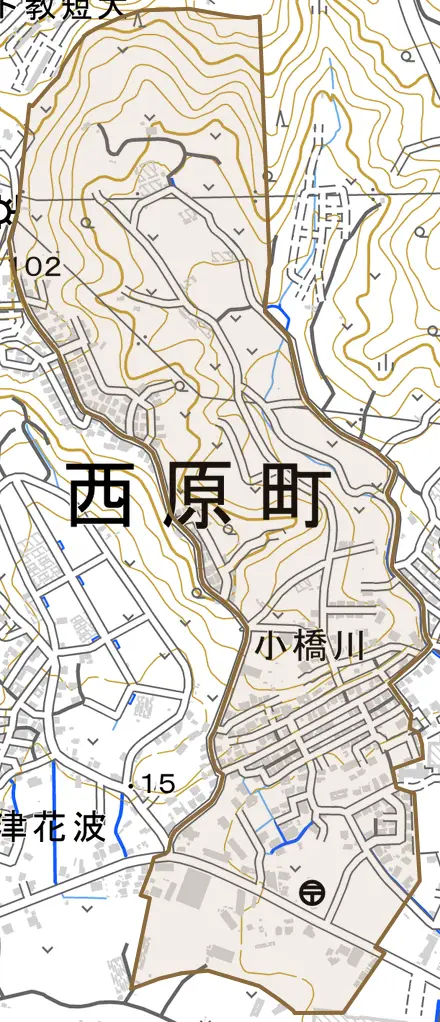 字小橋川とその周辺の地図。町の範囲を重ねている