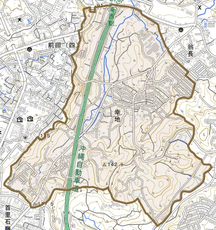 字幸地とその周辺の地図。町の範囲を重ねている
