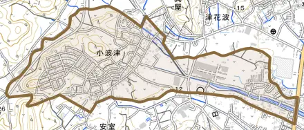 字小波津とその周辺の地図。町の範囲を重ねている