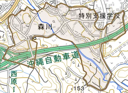 字森川とその周辺の地図。町の範囲を重ねている