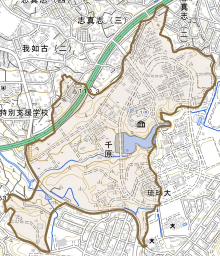 字千原とその周辺の地図。町の範囲を重ねている