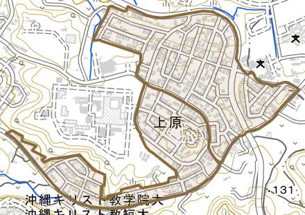 上原とその周辺の地図。町の範囲を重ねている