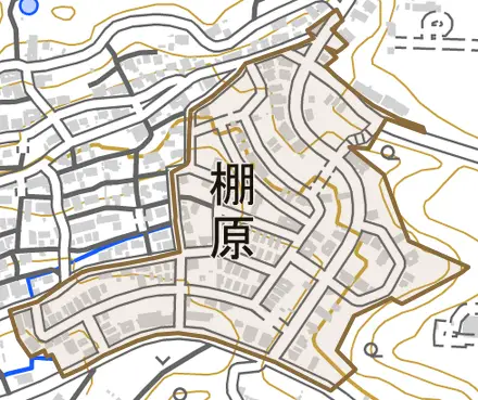 棚原とその周辺の地図。町の範囲を重ねている