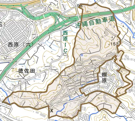 字棚原とその周辺の地図。町の範囲を重ねている