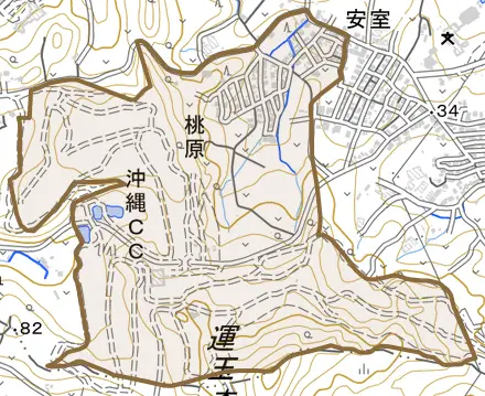 字桃原とその周辺の地図。町の範囲を重ねている